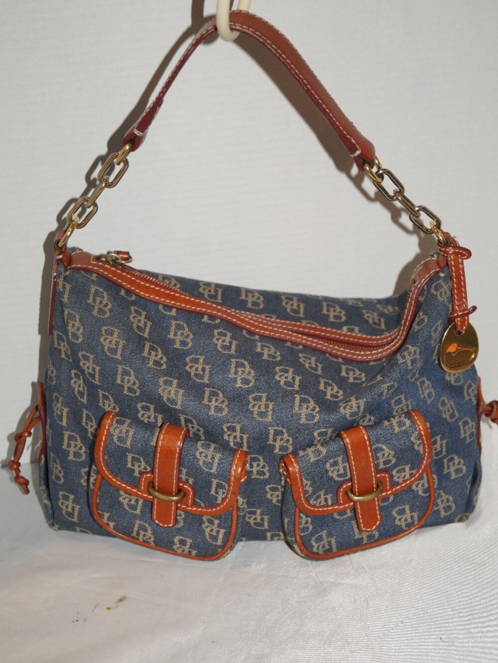 Dooney & Bourke Denim Handbag Blue Brown Leather Large Purse Monogram Medallion - Picture 1 of 12